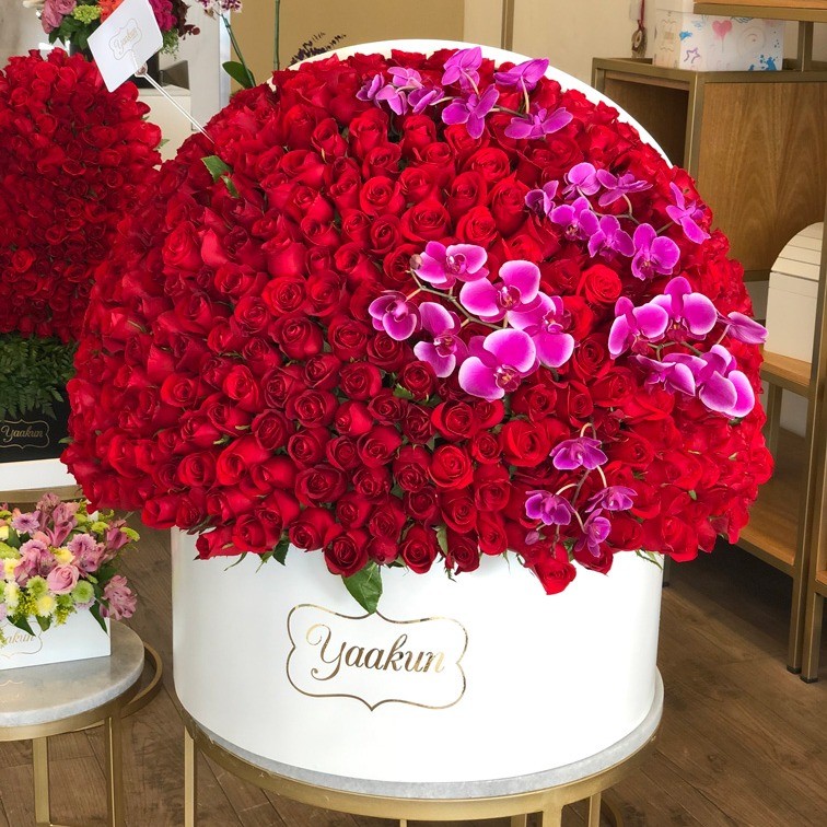 500 rosas en caja redonda semi esfera con orquídeas magenta