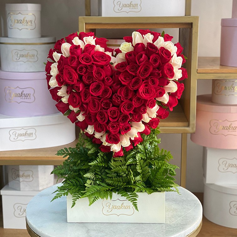Corazón en escultura de 100 rosas rojas contorno blanco en caja blanca