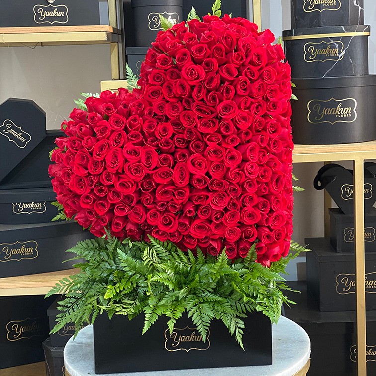 Corazón en escultura de 200 rosas rojas en caja corazón rojo inclinado