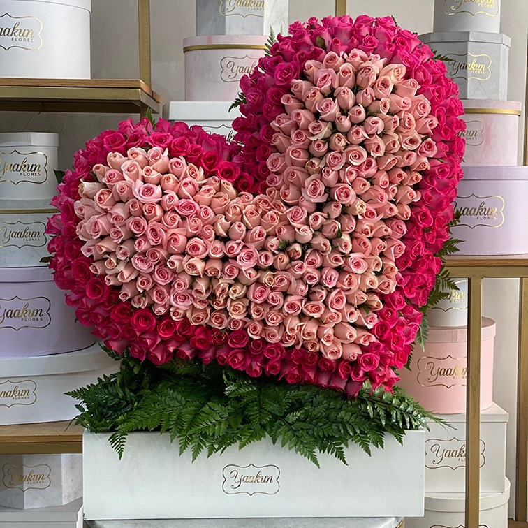 Corazón de 400 rosas inclinado en caja blanca contorno fucsia y centro rosas  pink | Yaakun Flores