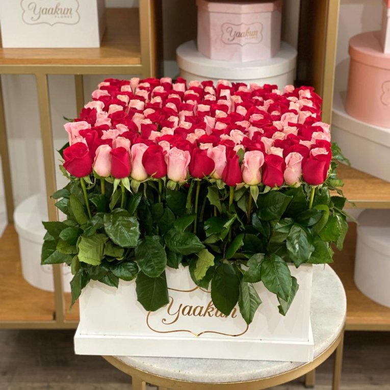MAXI CAJA CUADRADA BLANCA CON 140 ROSAS ROJO Y ROSA JARDEN
