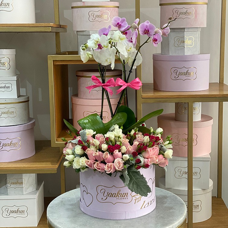 Orquídeas en caja circular lila edición especial yaakun | Yaakun Flores